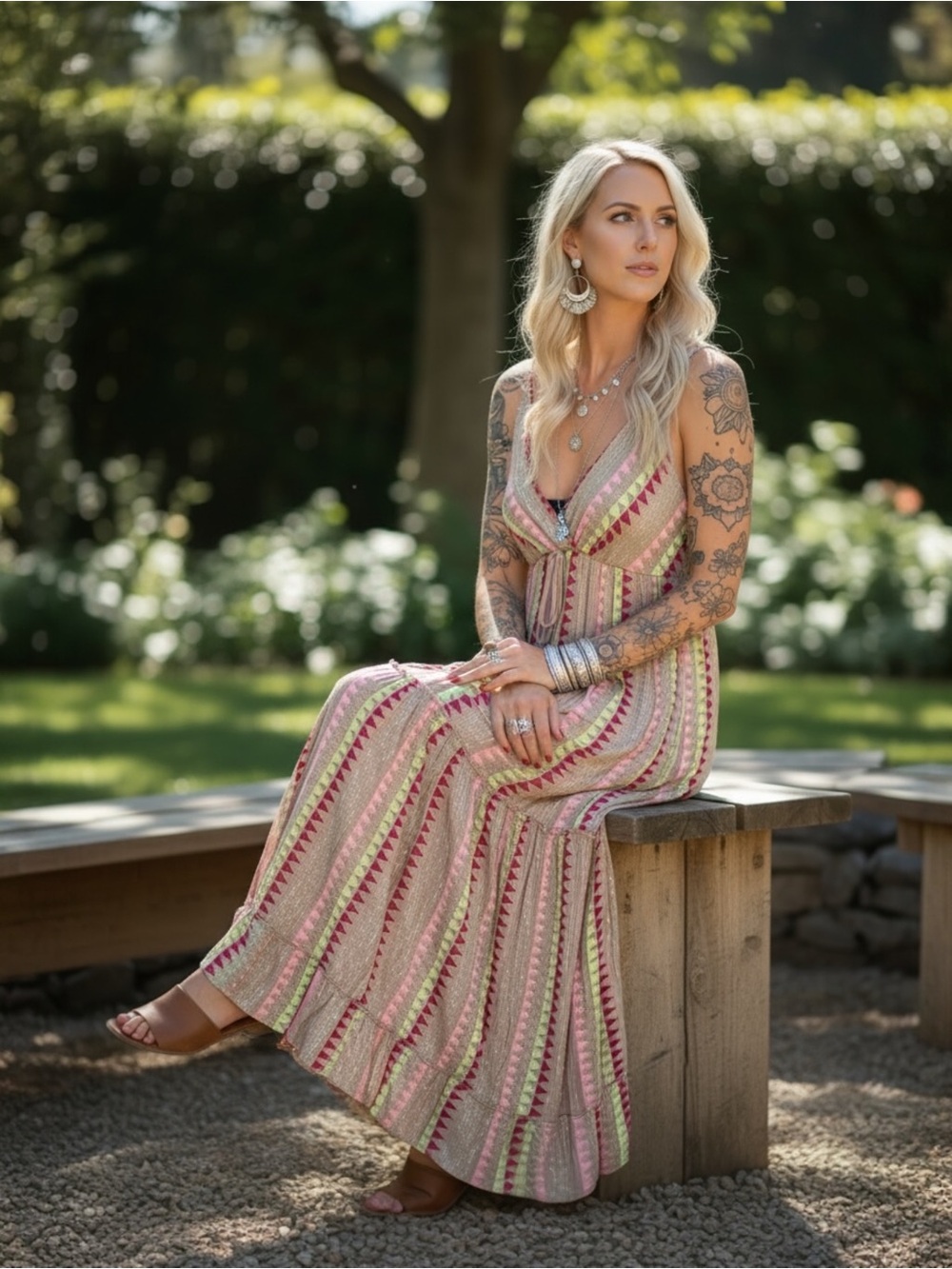 Gold & Silver Boho Chevron Maxi Dress - Metallic Striped Tassel Sundress Small - Picture 13 of 14